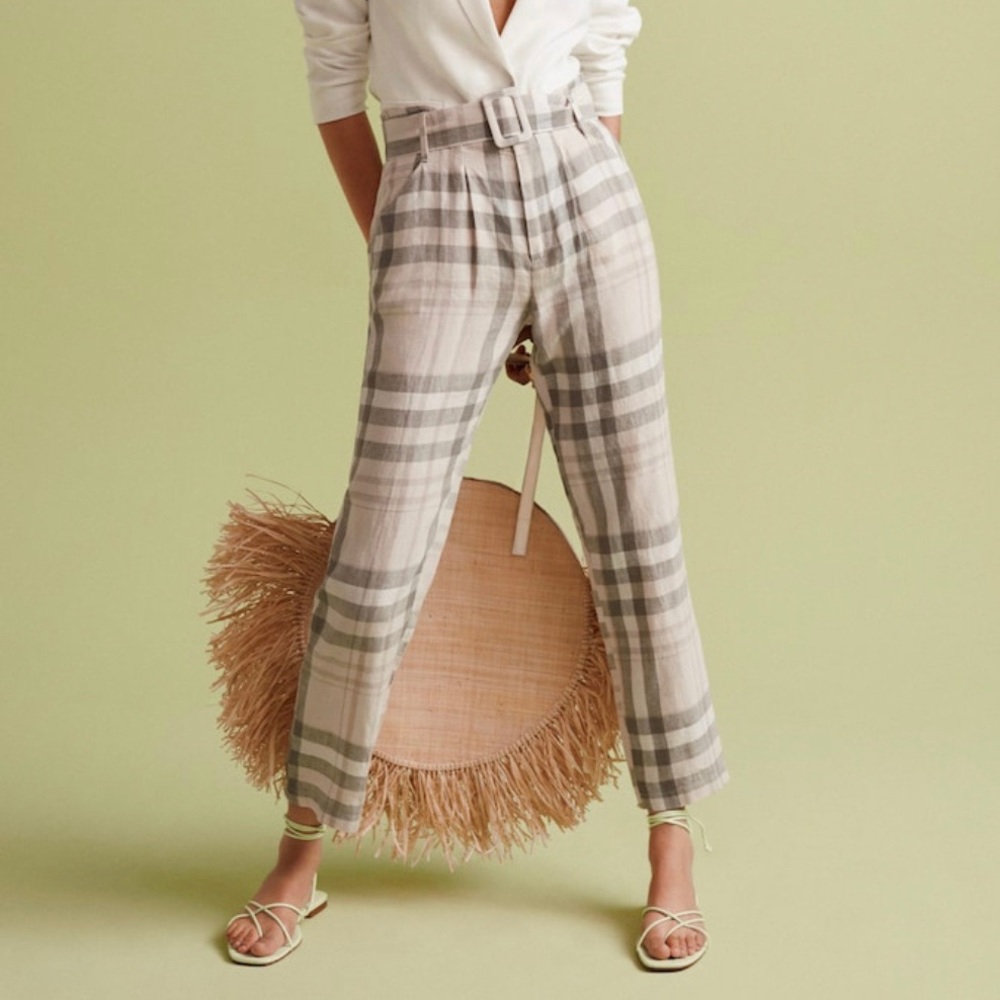 MNG Linen Belted Plaid Trousers Ankle Mid-Rise NWT